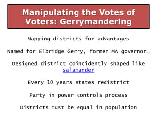 Manipulating the Votes of
Voters: Gerrymandering
Mapping districts for advantages

Named for Elbridge Gerry, former MA governor…
Designed district coincidently shaped like
salamander
Every 10 years states redistrict
Party in power controls process
Districts must be equal in population

 