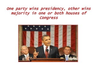 One party wins presidency, other wins
majority in one or both houses of
Congress

 