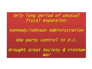 Only long period of unusual
fiscal expansion:
Kennedy/Johnson Administration
One party control in D.C.
Brought Great Society & Vietnam
War

 