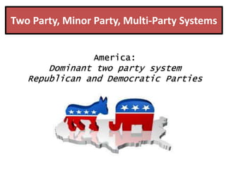 Two Party, Minor Party, Multi-Party Systems
America:

Dominant two party system
Republican and Democratic Parties

 