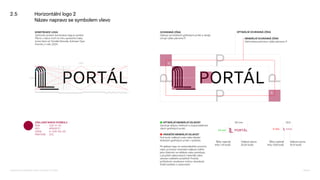 2.5 Horizontální logo 2
Název napravo se symbolem vlevo
100
390
OCHRANNÁ ZÓNA
Odstup od ostatních grafických prvků a okrajů
určuje výška písmene P.
■ OPTIMÁLNÍ MINIMÁLNÍ VELIKOST
Zaručuje dobrou čitelnost a rozpoznatelnost
všech grafických prvků.
■ HRANIČNÍ MINIMÁLNÍ VELIKOST
Pod touto velikostí roste riziko slévání
drobných grafických prvků v symbolu.
Při aplikaci loga na nestandardním povrchu
nebo za hranicí minimální velikosti ověřte
jeho čitelnost na náhledu nebo prototypu
s použitím plánovaných materiálů nebo
simulaci reálného prostředí. Protože
počítačové vizualizace mohou zkreslovat
finální podobu a zpracování.
½
½
39 mm
Velikost písma
20,25 bodů
10 mm
19,5
5 mm
Šířka nejtenší
linky 1,16 bodů
Velikost písma
10,13 bodů
Šířka nejtenší
linky 0,58 bodů
KONSTRUKCE LOGA
Výchozím prvkem konstrukce loga je symbol.
Písmo v názvu tvoří na míru upravené znaky
Icona Sans od Tomáše Brousila, Suitcase Type
Foundry z roku 2024.
MINIMÁLNÍ OCHRANNÁ ZÓNA
Definována polovinou výšky písmene P
OPTIMÁLNÍ OCHRANNÁ ZÓNA
ZÁKLADNÍ BARVA SYMBOLU
RGB 155–0–55
HEX #9b0037
CMYK 0–100–65–35
PANTONE 201
Logomanuál pro nakladatelství Portál, Lumír Kajnar, 31. 10. 2025 Strana 12
 