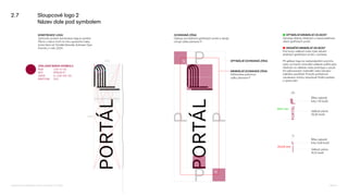 2.7 Sloupcové logo 2
Název dole pod symbolem
405
100
KONSTRUKCE LOGA
Výchozím prvkem konstrukce loga je symbol.
Písmo v názvu tvoří na míru upravené znaky
Icona Sans od Tomáše Brousila, Suitcase Type
Foundry z roku 2024.
OCHRANNÁ ZÓNA
Odstup od ostatních grafických prvků a okrajů
určuje výška písmene P.
■ OPTIMÁLNÍ MINIMÁLNÍ VELIKOST
Zaručuje dobrou čitelnost a rozpoznatelnost
všech grafických prvků.
■ HRANIČNÍ MINIMÁLNÍ VELIKOST
Pod touto velikostí roste riziko slévání
drobných grafických prvků v symbolu.
Při aplikaci loga na nestandardním povrchu
nebo za hranicí minimální velikosti ověřte jeho
čitelnost na náhledu nebo prototypu s použi-
tím plánovaných materiálů nebo simulaci
reálného prostředí. Protože počítačové
vizualizace mohou zkreslovat finální podobu
a zpracování.
½
½
10
40,5 mm
5
20,25 mm
MINIMÁLNÍ OCHRANNÁ ZÓNA
Definována polovinou
výšky písmene P
OPTIMÁLNÍ OCHRANNÁ ZÓNA
Šířka nejtenší
linky 1,16 bodů
Velikost písma
20,26 bodů
Šířka nejtenší
linky 0,58 bodů
Velikost písma
10,13 bodů
ZÁKLADNÍ BARVA SYMBOLU
RGB 155–0–55
HEX #9b0037
CMYK 0–100–65–35
PANTONE 201
Logomanuál pro nakladatelství Portál, Lumír Kajnar, 31. 10. 2025 Strana 14
 