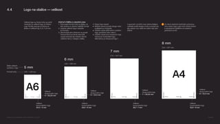 A6
A4
Velikost
horizontálního loga
24,6 × 6 mm
Velikost
sloupcového loga
6 × 24,3 mm
Velikost
horizontálního loga
28,7 × 7 mm
Velikost
sloupcového loga
7 × 28,35 mm
Velikost
horizontálního loga
32,8 × 8 mm
Velikost
sloupcového loga
8 × 32,4 mm
Velikost
horizontálního loga
20,5 × 5 mm
Velikost
sloupcového loga
5 × 20,25 mm
Velikost loga na titulce knihy se odvíjí
nezávisle na velikosti loga na hřbetu.
Logo Portálu pracuje na titulce se
škálou 4 velikostí log: 5, 6, 7 a 8 mm.
POSTUP VÝBĚRU A USAZENÍ LOGA
1. Porovnejte formát knihy se škálou na
této stránce a vyberte nejbližší formát.
2. Vyberte velikost loga a zasaďte
ho formátu.
3. Zkontrolujte jeho čitelnost na pozadí.
Výchozí barva je černá nebo bílá,
vysoký kontrast ale můžete ztlumit
výběrem barvy z designu obálky.
4. Pokud logo nesedí:
• Můžete upravit pozadí, design nebo
podkladovou fotograﬁi;
• můžete vybrat alternativní umístění
loga, uprostřed nebo nalevo;
• můžete vybrat jinou kompozici loga.
Výchozí je horizontální logo,
alternativou je sloupcové logo 1.
U sporných rozměrů mezi dvěma škálami
vybírejte podle designu knihy a pozadí tak,
aby nebylo moc velké ani malé a aby bylo
čitelné.
Za všech okolností dodržujte ochrannou
zónu kolem loga. Logo musí zůstat čitelné
a dostatečně oddělené od ostatních
graﬁckých prvků.
4.4 Logo na obálce — velikost
Škála velikostí
symbolu v logu
Formát knihy
5 mm
6 mm
7 mm
8 mm
!
105 × 148 mm
140 × 198 mm
175 × 247 mm
210 × 297 mm
Logomanuál pro nakladatelství Portál, Lumír Kajnar, 31. 10. 2025 Strana 29
 