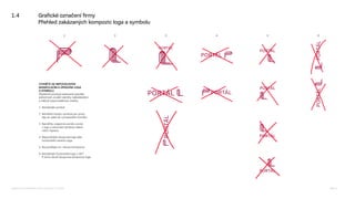 1.4 Graﬁcké označení ﬁrmy
Přehled zakázaných kompozic loga a symbolu
1 3 4 5 6
2
VYHNĚTE SE NEPOVOLENÝM
MANIPULACÍM A ÚPRAVÁM LOGA
A SYMBOLU
Zbytečně porušují nastavená pravidla,
jednotnost vizuální identity nakladatelství
a ztěžují rozpoznatelnost značky.
1 Neotáčejte symbol.
2 Neměňte kresbu symbolu jen proto,
aby se vešel do vymezeného formátu.
3 Neměňte vzájemné poměry prvků
v logu a zarovnání symbolu nalevo
nebo napravo.
4 Nepoužívejte sloupcové logo jako
horizontální variantu loga.
5 Nevytvářejte tzv. rohové kompozice.
6 Neotáčejte horizontální logo o 90°.
K tomu slouží sloupcová kompozice loga.
Logomanuál pro nakladatelství Portál, Lumír Kajnar, 31. 10. 2025 Strana 6
 