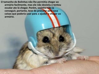 O tamanho do Bolinhas não lhe permitia chegar ao
   armário facilmente, mas ele não desistiu e tentou
   escalar ate lá chegar. Porém, sozinho não ia
   conseguir, portanto, teve de procurar pela casa
   coisas que poderia usar para o ajudar a chegar ao
   armário.
 