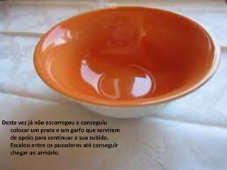 Desta vez já não escorregou e conseguiu
   colocar um prato e um garfo que serviram
   de apoio para continuar a sua subida.
   Escalou entre os puxadores até conseguir
   chegar ao armário.
 