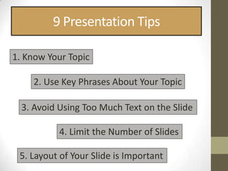 9 Presentation Tips

1. Know Your Topic

    2. Use Key Phrases About Your Topic

  3. Avoid Using Too Much Text on the Slide

           4. Limit the Number of Slides

 5. Layout of Your Slide is Important
 