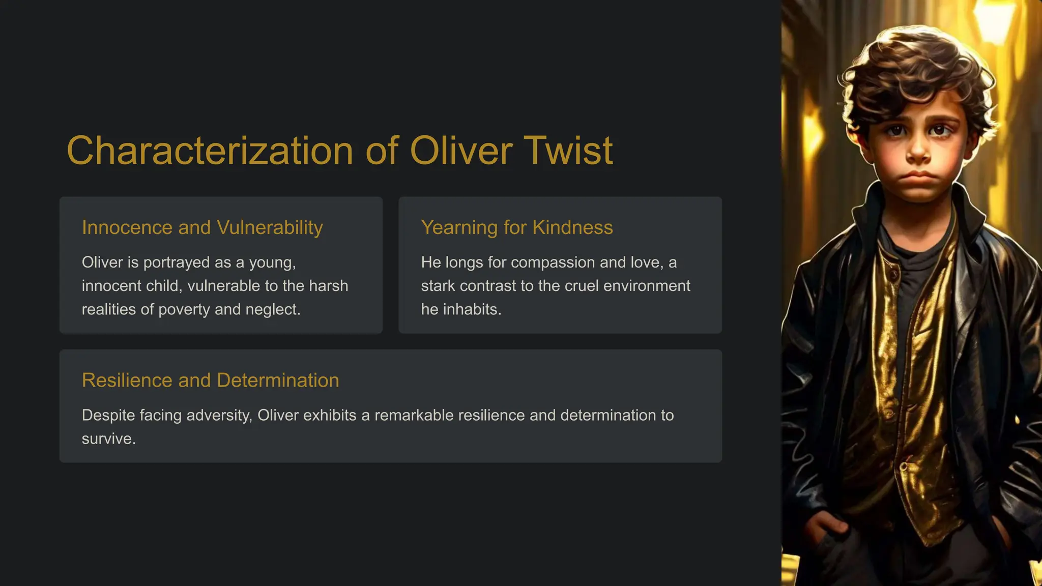 Characterization of Oliver Twist
Innocence and Vulnerability
Oliver is portrayed as a young,
innocent child, vulnerable to the harsh
realities of poverty and neglect.
Yearning for Kindness
He longs for compassion and love, a
stark contrast to the cruel environment
he inhabits.
Resilience and Determination
Despite facing adversity, Oliver exhibits a remarkable resilience and determination to
survive.
 