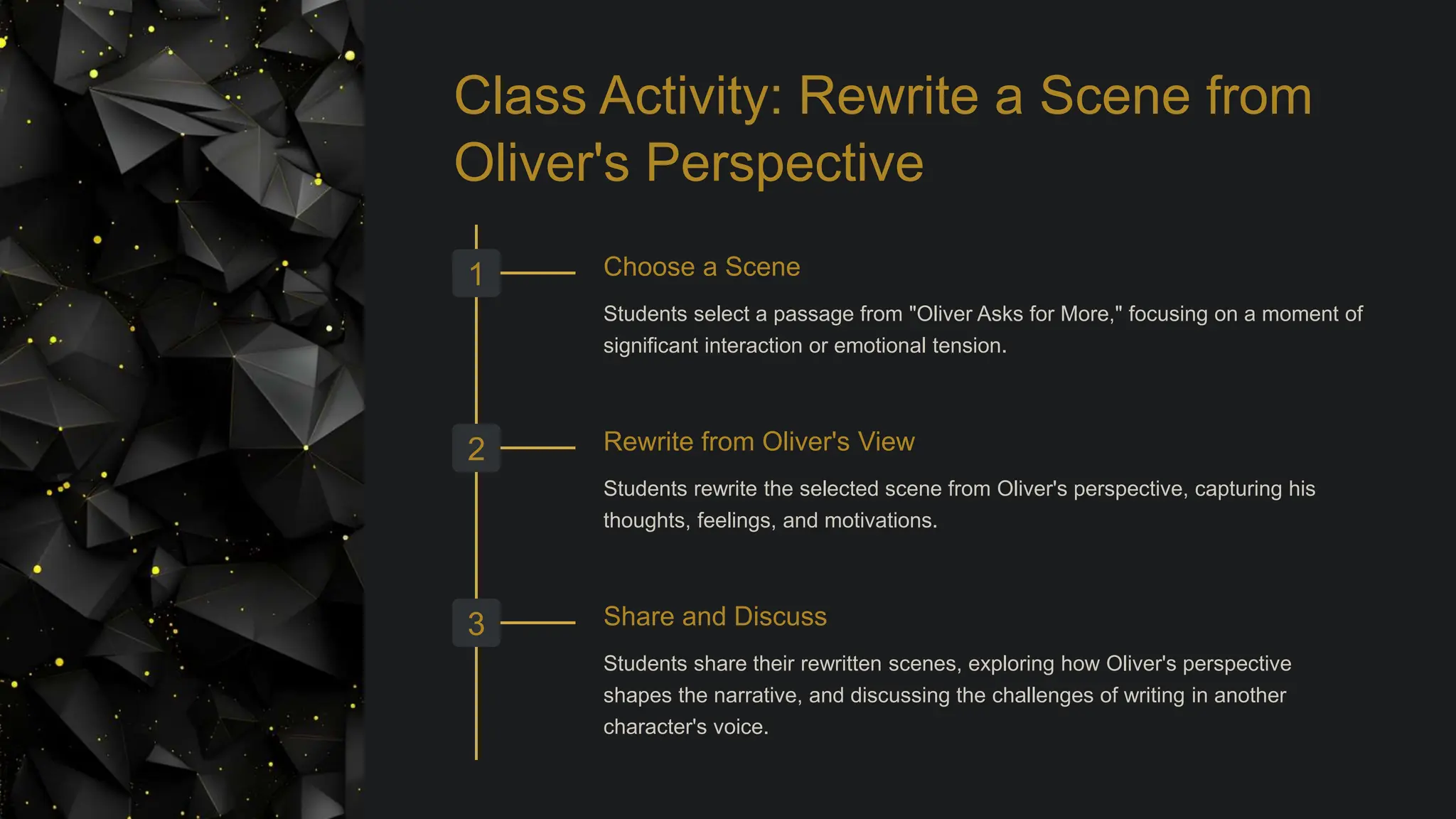 Class Activity: Rewrite a Scene from
Oliver's Perspective
1 Choose a Scene
Students select a passage from "Oliver Asks for More," focusing on a moment of
significant interaction or emotional tension.
2 Rewrite from Oliver's View
Students rewrite the selected scene from Oliver's perspective, capturing his
thoughts, feelings, and motivations.
3 Share and Discuss
Students share their rewritten scenes, exploring how Oliver's perspective
shapes the narrative, and discussing the challenges of writing in another
character's voice.
 
