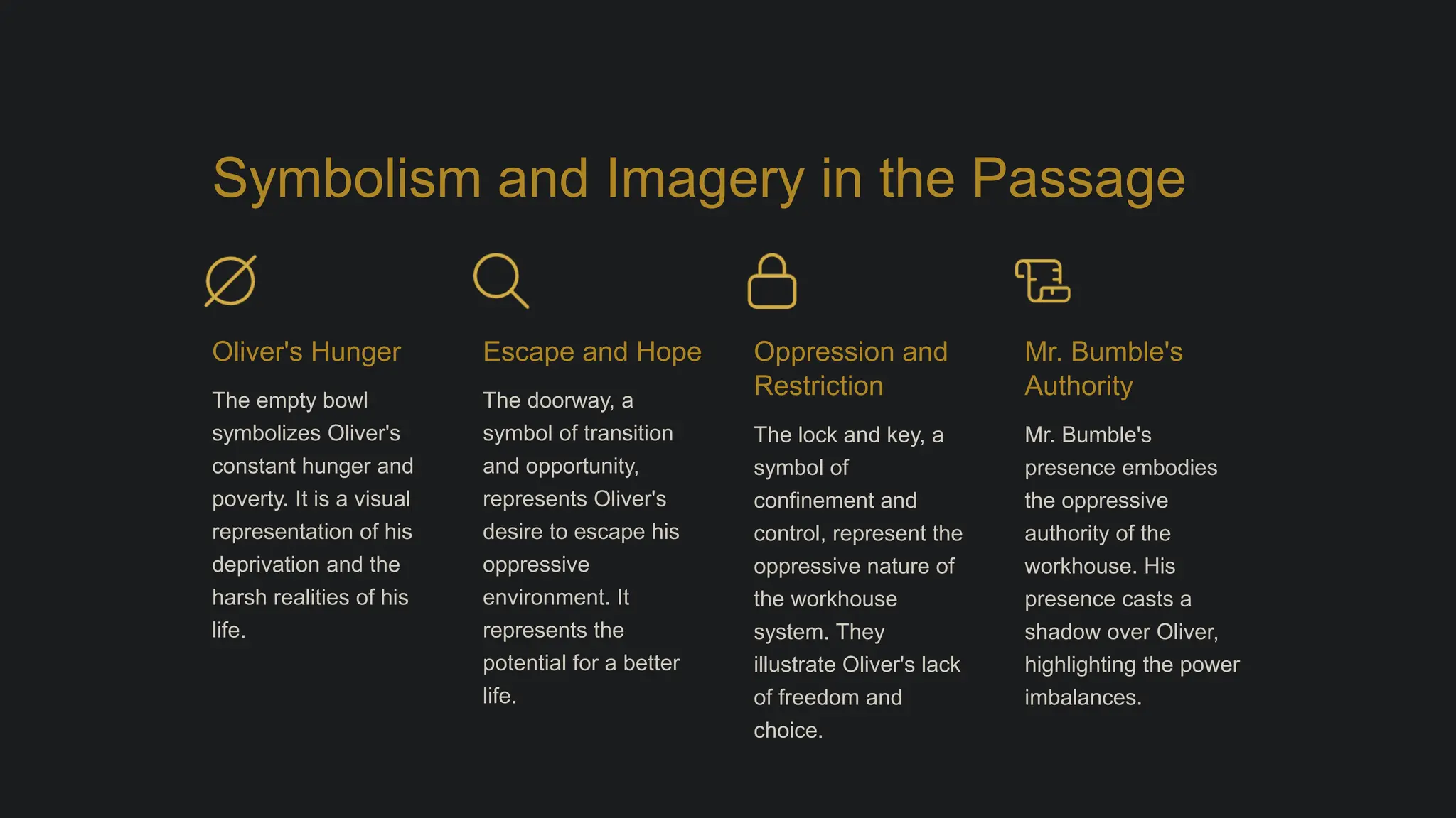 Symbolism and Imagery in the Passage
Oliver's Hunger
The empty bowl
symbolizes Oliver's
constant hunger and
poverty. It is a visual
representation of his
deprivation and the
harsh realities of his
life.
Escape and Hope
The doorway, a
symbol of transition
and opportunity,
represents Oliver's
desire to escape his
oppressive
environment. It
represents the
potential for a better
life.
Oppression and
Restriction
The lock and key, a
symbol of
confinement and
control, represent the
oppressive nature of
the workhouse
system. They
illustrate Oliver's lack
of freedom and
choice.
Mr. Bumble's
Authority
Mr. Bumble's
presence embodies
the oppressive
authority of the
workhouse. His
presence casts a
shadow over Oliver,
highlighting the power
imbalances.
 