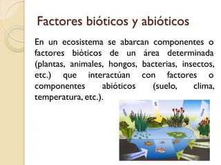 Factores bióticos y abióticos 
En un ecosistema se abarcan componentes o factores bióticos de un área determinada (plantas, animales, hongos, bacterias, insectos, etc.) que interactúan con factores o componentes abióticos (suelo, clima, temperatura, etc.).  