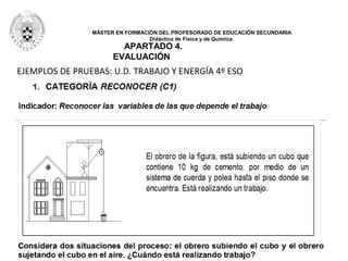MÁSTER EN FORMACIÓN DEL PROFESORADO DE EDUCACIÓN SECUNDARIA
Didáctica de Física y de Química
APARTADO 4.
EVALUACIÓN
EJEMPLOS DE PRUEBAS: U.D. TRABAJO Y ENERGÍA 4º ESO
 