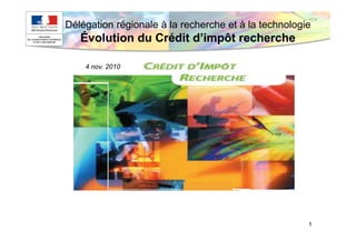 Délégation régionale à la recherche et à la technologie
   Évolution du Crédit d’impôt recherche

    4 nov. 2010




                      4 nov. 2010
                                                      1
 