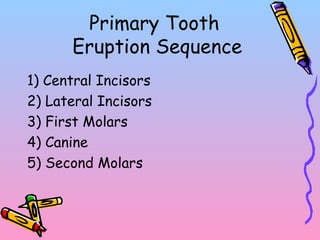Primary Tooth
Eruption Sequence
1) Central Incisors
2) Lateral Incisors
3) First Molars
4) Canine
5) Second Molars
 