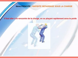 6ème PRINCIPE :   RAPIDITE DEPASSAGE SOUS LA CHARGE Il faut aller à la rencontre de la charge, en se plaçant rapidement sous le poids 