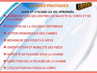 AVOIR ET UTILISER LES EPI APPROPRIÉS. URGENT BONNES PRATIQUES SUPERPOSITION DES CENTRES DE GRAVITE DU CORPS ET DE LA CHARGE FIXATION DE LA COLONNE VERTEBRALE ACTION PRIMORDIALE DES JAMBES RECHERCHE DES POINTS D'APPUI ORIENTATION ET MOBILITE DES PIEDS RAPIDITE DE PASSAGE SOUS LA CHARGE DIRECTION DE LA POUSSEE DE LA CHARGE UTILISATION DU POIDS DU CORPS    SECURITE DES MAINS PAR LE CHOIX DES PRISES   