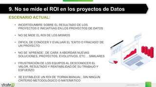 www.stratebi.com
9. No se mide el ROI en los proyectos de Datos
ESCENARIO ACTUAL:
• INCERTIDUMBRE SOBRE EL RESULTADO DE LOS
PROYECTOS E INICIATIVAS EN LOS PROYECTOS DE DATOS
• NO SE MIDE EL ROI DE LOS MISMOS
• DIFICIL DE CONOCER Y EVALUAR EL ‘EXITO O FRACASO’ DE
UN PROYECTO
• NO SE ‘APRENDE’, DE CARA A ABORDAR NUEVAS
SOLUCIONES, PROYECTOS, EVOLUTIVOS, ETC… SIMILARES
• FRUSTRACIÓN DE LOS EQUIPOS AL DESCONOCER EL
VALOR, RESULTADO Y RENTABILIDAD DE SU TRABAJO Y
ESFUERZO
• SE ESTABLECE UN ROI DE ‘FORMA MANUAL’, SIN NINGÚN
CRITERIO METODOLÓGICO O MATEMÁTICO
 