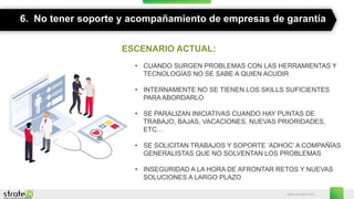 www.stratebi.com
6. No tener soporte y acompañamiento de empresas de garantía
ESCENARIO ACTUAL:
• CUANDO SURGEN PROBLEMAS CON LAS HERRAMIENTAS Y
TECNOLOGÍAS NO SE SABE A QUIEN ACUDIR
• INTERNAMENTE NO SE TIENEN LOS SKILLS SUFICIENTES
PARA ABORDARLO
• SE PARALIZAN INICIATIVAS CUANDO HAY PUNTAS DE
TRABAJO, BAJAS, VACACIONES, NUEVAS PRIORIDADES,
ETC…
• SE SOLICITAN TRABAJOS Y SOPORTE ‘ADHOC’ A COMPAÑÍAS
GENERALISTAS QUE NO SOLVENTAN LOS PROBLEMAS
• INSEGURIDAD A LA HORA DE AFRONTAR RETOS Y NUEVAS
SOLUCIONES A LARGO PLAZO
 