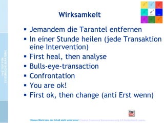 Wirksamkeit
 Jemandem die Tarantel entfernen
 In einer Stunde heilen (jede Transaktion
eine Intervention)
 First heal, then analyse
 Bulls-eye-transaction
 Confrontation
 You are ok!
 First ok, then change (anti Erst wenn)

Dieses Werk bzw. der Inhalt steht unter einer Creative Commons Namensnennung 3.0 Deutschland Lizenz.

 