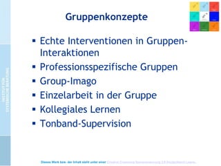 Gruppenkonzepte
 Echte Interventionen in GruppenInteraktionen
 Professionsspezifische Gruppen
 Group-Imago
 Einzelarbeit in der Gruppe
 Kollegiales Lernen
 Tonband-Supervision

Dieses Werk bzw. der Inhalt steht unter einer Creative Commons Namensnennung 3.0 Deutschland Lizenz.

 