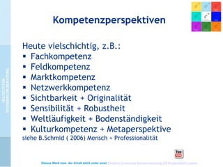 Kompetenzperspektiven
Heute vielschichtig, z.B.:
 Fachkompetenz
 Feldkompetenz
 Marktkompetenz
 Netzwerkkompetenz
 Sichtbarkeit + Originalität
 Sensibilität + Robustheit
 Weltläufigkeit + Bodenständigkeit
 Kulturkompetenz + Metaperspektive
siehe B.Schmid ( 2006) Mensch + Professionalität

Dieses Werk bzw. der Inhalt steht unter einer Creative Commons Namensnennung 3.0 Deutschland Lizenz.

 