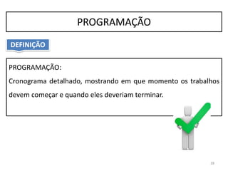 28
PROGRAMAÇÃO
DEFINIÇÃO
PROGRAMAÇÃO:
Cronograma detalhado, mostrando em que momento os trabalhos
devem começar e quando eles deveriam terminar.
 