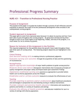 Professional Progress Summary<br />NURS 431 – Transition to Professional Nursing Practice<br />Purpose of Assignment<br />The purpose of this paper is to guide the student through a process of self-reflection and self-evaluation to discover the scope of his/her professional development while enrolled in the undergraduate nursing program. <br />Student Approach to Assignment<br />This paper gets to come from a personal place because it is about my journey and how I have been able to grow throughout this nursing program.  By going back and discovering what I thought of each of our Great Eights at the beginning, middle, and end of the program, it is much easier for me to witness my growth.  <br />Reason for Inclusion of this Assignment in the Portfolio<br />This required assignment for the portfolio shows the growth I have made throughout these past three years of nursing school.  The following program objectives are highlighted in this paper:<br />Critical Thinking<br />Uses decision-making skills in making clinical or professional judgments<br />Evaluates nursing care outcomes through the acquisition of data and the questioning of inconsistencies<br />Nursing Practice<br />Applies appropriate knowledge of major health problems to guide nursing practice <br />Performs direct and indirect therapeutic interventions that incorporate principles of quality management and proper safety techniques based upon assessment findings<br />Implements traditional nursing care practices as appropriate to provide holistic health care to diverse populations across the lifespan<br />Establishes and/or utilizes outcome measures to evaluate the effectiveness of care<br />Teaching<br />Provides teaching to patients and/or professionals about healthcare procedures and technologies in preparation for and following nursing or medical interventions<br />Provides relevant and sensitive health education information and counseling to patients and families in a variety of situations and settings<br />Evaluate the efficacy of health promotion and educator modalities for use in a variety of settings with diverse populations<br />Research<br />Applies research-based knowledge from nursing as the basis for culturally-sensitive practice<br />Applies research-based knowledge from the arts, humanities and sciences to complement nursing practice<br />Leadership<br />Assumes a leadership role within one’s scope of practice as a designer, manager, and coordinator of healthcare to meet the special needs of vulnerable populations in a variety of practice settings<br />Organize, manages and evaluates the development of strategies to promote healthy communities<br />Delegates and supervises the nurse care given by others while retaining the accountability for the quality of care given to the patient<br />Professionalism<br />Demonstrates accountability for one’s own professional practice<br />Applies an ethical decision-making framework and legal guideline to clinical situations that incorporate moral concepts, professional ethics and advocacy for patient well-being and preferences<br />Culture<br />Considers the impact of research outcomes and the effects of health and social policies on person’s from diverse backgrounds<br />Maintains an awareness of global environmental factors that may influence the delivery of healthcare services<br />