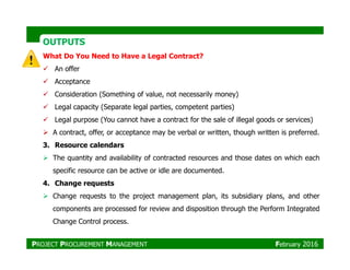 What Do You Need to Have a Legal Contract?
An offer
Acceptance
Consideration (Something of value, not necessarily money)
Legal capacity (Separate legal parties, competent parties)
Legal purpose (You cannot have a contract for the sale of illegal goods or services)
A contract, offer, or acceptance may be verbal or written, though written is preferred.
OUTPUTSOUTPUTS
A contract, offer, or acceptance may be verbal or written, though written is preferred.
3. Resource calendars
The quantity and availability of contracted resources and those dates on which each
specific resource can be active or idle are documented.
4. Change requests
Change requests to the project management plan, its subsidiary plans, and other
components are processed for review and disposition through the Perform Integrated
Change Control process.
PROJECT PROCUREMENT MANAGEMENT February 2016
 