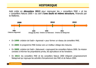 HISTORIQUE
Asbl créée en décembre 2012 pour regrouper les « conseillers MAE » et les
« conseillers Natura 2000 » au sein d’une seule et même structure, financée par
la Wallonie.
En 1999: création de l’asbl « Agrenwal » pour former un réseau de conseillers MAE.
En 2005: le programme MAE évolue vers un meilleur ciblage des mesures.
En 2009: création de l’asbl « Naturawal » regroupant les conseillers Natura 2000. Sa mission
consiste à informer les propriétaires privés, les agriculteurs et les forestiers.
En 2013: les conseillers MAE et les conseillers Natura 2000 intègrent progressivement
Natagriwal qui regroupe les activités d’encadrement des MAE et de Natura 2000.
 