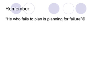Remember:
“He who fails to plan is planning for failure”
 