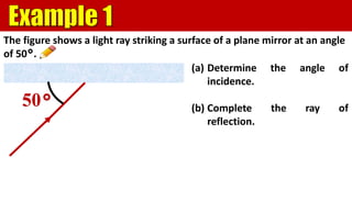 The figure shows a light ray striking a surface of a plane mirror at an angle
of 50°.
50°
(a) Determine the angle of
incidence.
(b) Complete the ray of
reflection.
 