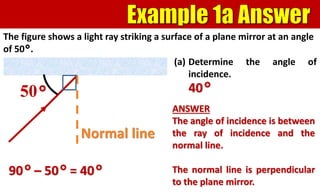 The figure shows a light ray striking a surface of a plane mirror at an angle
of 50°.
50°
(a) Determine the angle of
incidence.
ANSWER
The angle of incidence is between
the ray of incidence and the
normal line.
The normal line is perpendicular
to the plane mirror.
90° – 50° = 40°
40°
Normal line
 