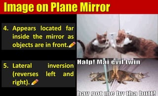 4. Appears located far
inside the mirror as
objects are in front.
5. Lateral inversion
(reverses left and
right).
 