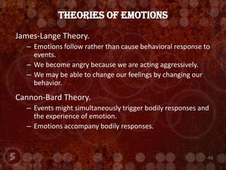 Emotions are feeling states with physiological, cognitive, and behavioral components.Arousal of the autonomic nervous system.Sympathetic nervous system:  rapid heartbeat, breathing, sweating, muscle tension.Behavioral tendencies occur with emotions.  For example fear leads to avoidance or escape and anger may lead to “pay back” behaviors.Parasympathetic nervous system arousal can also occur.  Joy, grief, jealousy, disgust, etc. all have cognitive, physiological, and behavioral components.Emotion
