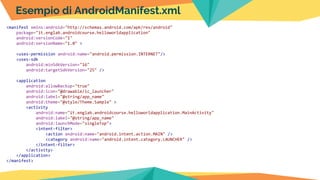 Esempio di AndroidManifest.xml
<manifest xmlns:android="http://schemas.android.com/apk/res/android"
package="it.englab.androidcourse.helloworldapplication"
android:versionCode="1"
android:versionName="1.0" >
<uses-permission android:name="android.permission.INTERNET"/>
<uses-sdk
android:minSdkVersion="16"
android:targetSdkVersion="25" />
<application
android:allowBackup="true"
android:icon="@drawable/ic_launcher"
android:label="@string/app_name"
android:theme="@style/Theme.Sample" >
<activity
android:name="it.englab.androidcourse.helloworldapplication.MainActivity"
android:label="@string/app_name"
android:launchMode="singleTop">
<intent-filter>
<action android:name="android.intent.action.MAIN" />
<category android:name="android.intent.category.LAUNCHER" />
</intent-filter>
</activity>
</application>
</manifest>
 