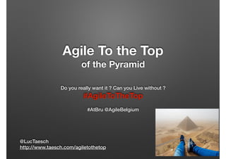 Agile To the Top
of the Pyramid
Do you really want it ? Can you Live without ?
#AgileToTheTop
#AtBru @AgileBelgium
@LucTaesch
http://www.taesch.com/agiletothetop
 