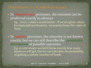  In deterministic processes, the outcome can be
predicted exactly in advance
• Eg. Force = mass x acceleration. If we are given values
for mass and acceleration, we exactly know the value of
force
 In random processes, the outcome is not known
exactly, but we can still describe the probability
distribution of possible outcomes
• Eg. 10 coin tosses: we don’t know exactly how many
heads we will get, but we can calculate the probability
of getting a certain number of heads
June 3, 2008 3Stat 111 - Lecture 6 - Probability
 