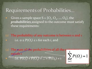  Given a sample space S = {O1, O2, …, Ok}, the
probabilities assigned to the outcome must satisfy
these requirements:
(1) The probability of any outcome is between 0 and 1
 i.e. 0 ≤ P(Oi) ≤ 1 for each i, and
(2) The sum of the probabilities of all the outcomes
equals 1
 i.e. P(O1) + P(O2) + … + P(Ok) = 1
6.7
P(Oi) represents the probability of outcome i
 