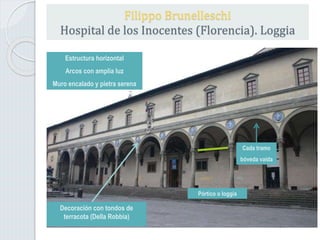 Estructura horizontal
Arcos con amplia luz
Muro encalado y pietra serena
Cada tramo
bóveda vaída
Decoración con tondos de
terracota (Della Robbia)
Pórtico o loggia
Filippo Brunelleschi
Hospital de los Inocentes (Florencia). Loggia
 