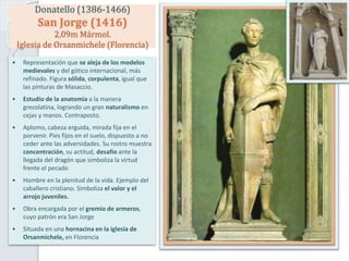 Donatello (1386-1466)
San Jorge (1416)
2,09m Mármol.
Iglesia de Orsanmichele (Florencia)
• Representación que se aleja de los modelos
medievales y del gótico internacional, más
refinado. Figura sólida, corpulenta, igual que
las pinturas de Masaccio.
• Estudio de la anatomía a la manera
grecolatina, logrando un gran naturalismo en
cejas y manos. Contraposto.
• Aplomo, cabeza erguida, mirada fija en el
porvenir. Pies fijos en el suelo, dispuesto a no
ceder ante las adversidades. Su rostro muestra
concentración, su actitud, desafío ante la
llegada del dragón que simboliza la virtud
frente el pecado
• Hombre en la plenitud de la vida. Ejemplo del
caballero cristiano. Simboliza el valor y el
arrojo juveniles.
• Obra encargada por el gremio de armeros,
cuyo patrón era San Jorge
• Situada en una hornacina en la iglesia de
Orsanmichele, en Florencia
 