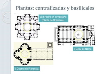 Il Duomo de Florencia
Il Gesu de Roma
San Pedro en el Vaticano
(Planta de Bramante)
Plantas: centralizadas y basilicales
 