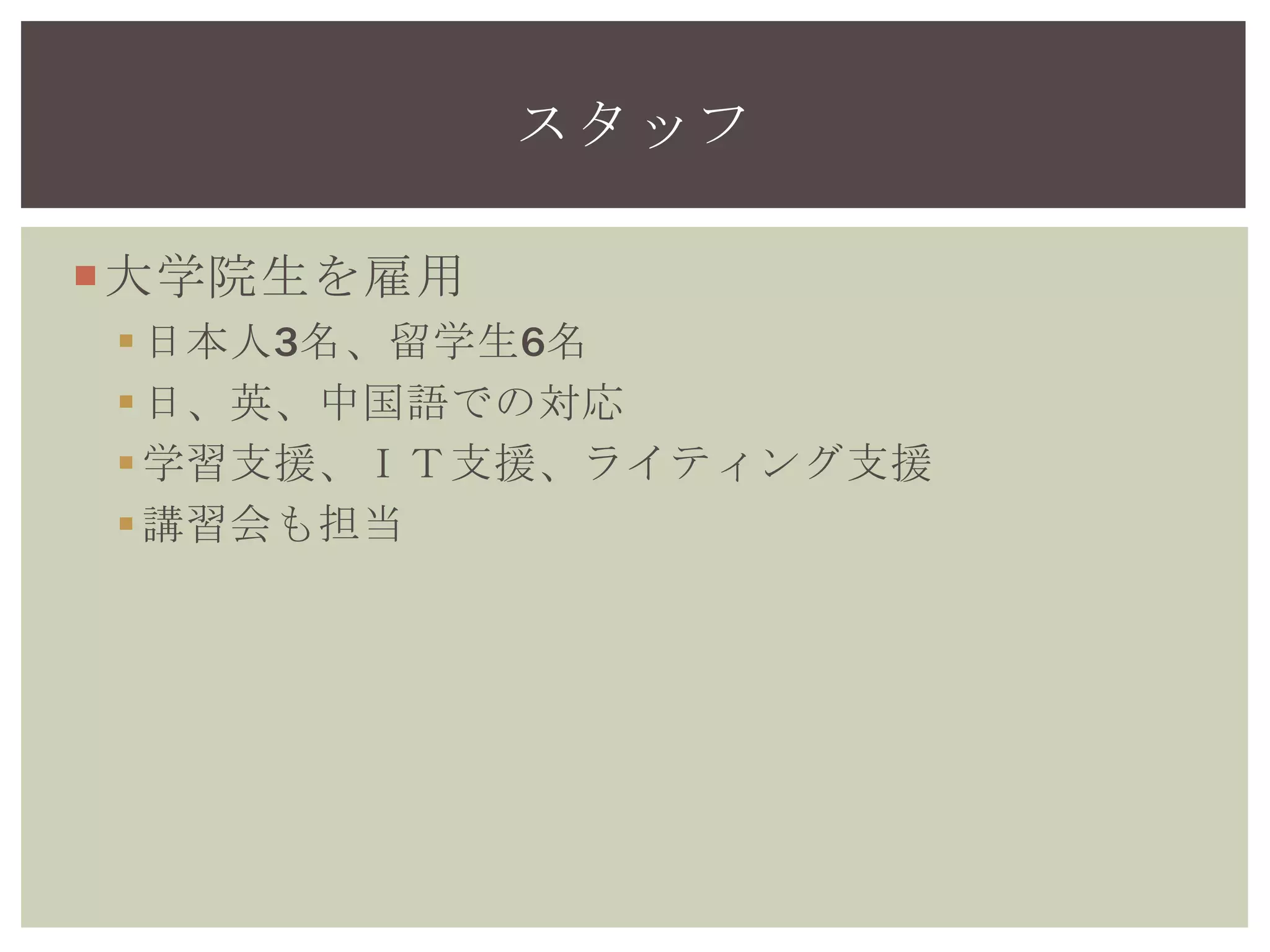 大学院生を雇用
日本人3名、留学生6名
日、英、中国語での対応
学習支援、ＩＴ支援、ライティング支援
講習会も担当
スタッフ
 