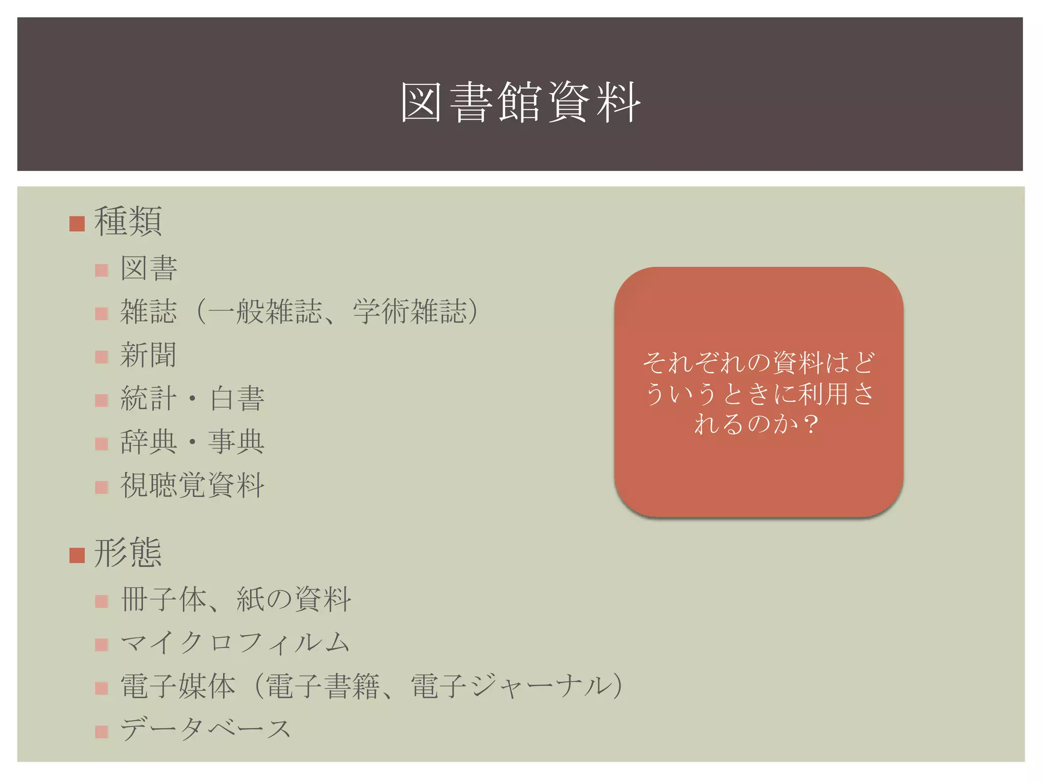  種類
 図書
 雑誌（一般雑誌、学術雑誌）
 新聞
 統計・白書
 辞典・事典
 視聴覚資料
 形態
 冊子体、紙の資料
 マイクロフィルム
 電子媒体（電子書籍、電子ジャーナル）
 データベース
それぞれの資料はど
ういうときに利用さ
れるのか？
図書館資料
 