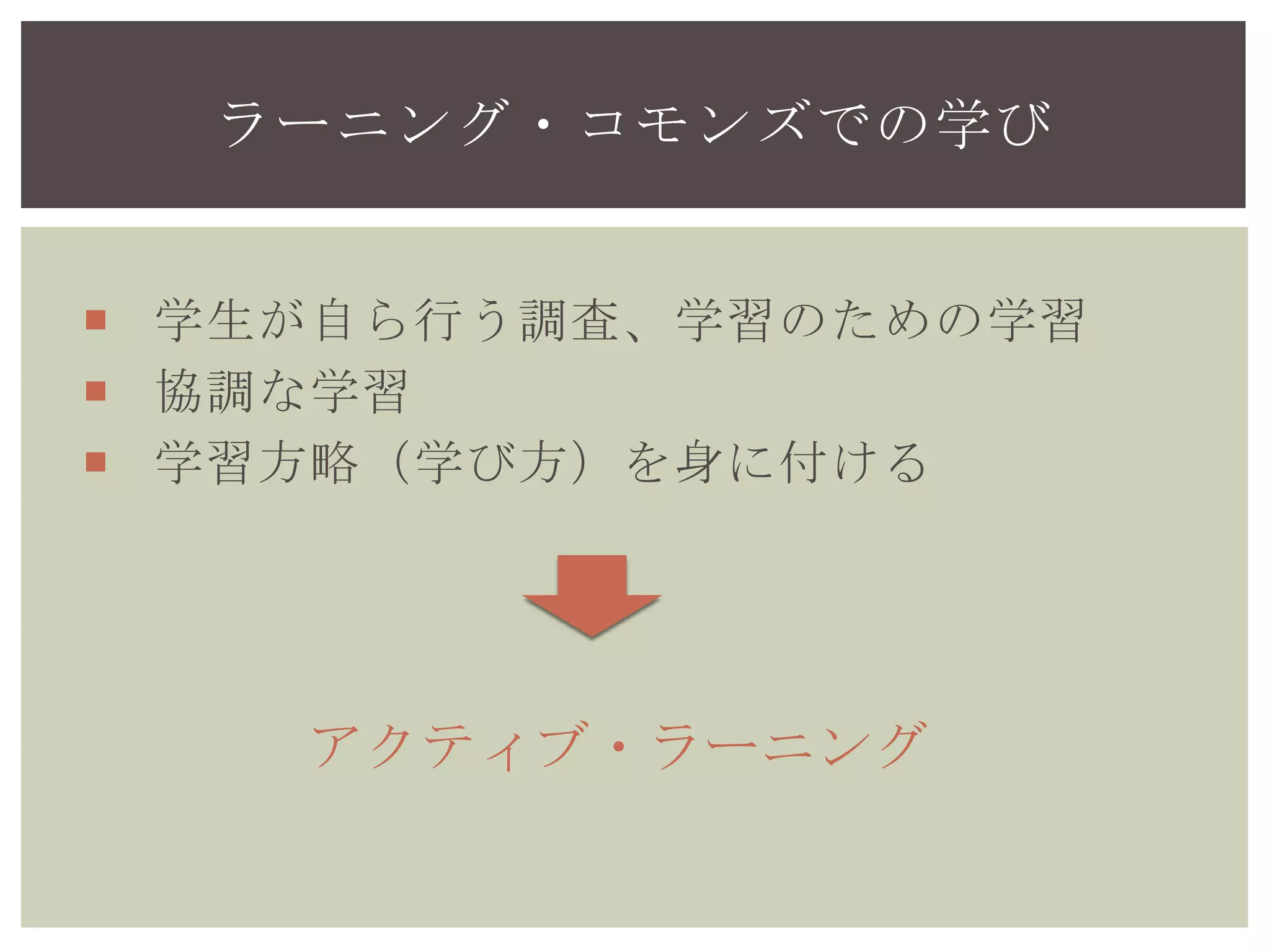  授業の予習、復習
 学生が自ら行う調査、学習
 協調的な学習
 学習方略（学び方）を身に付ける
ラーニング・コモンズでの学び
アクティブ・ラーニング
 