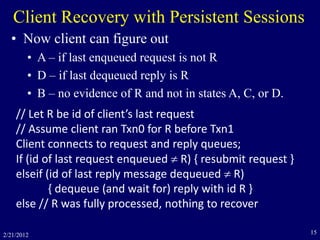 2/21/2012 15
Client Recovery with Persistent Sessions
// Let R be id of client’s last request
// Assume client ran Txn0 for R before Txn1
Client connects to request and reply queues;
If (id of last request enqueued  R) { resubmit request }
elseif (id of last reply message dequeued  R)
{ dequeue (and wait for) reply with id R }
else // R was fully processed, nothing to recover
• Now client can figure out
• A – if last enqueued request is not R
• D – if last dequeued reply is R
• B – no evidence of R and not in states A, C, or D.
 