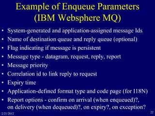 2/21/2012 22
Example of Enqueue Parameters
(IBM Websphere MQ)
• System-generated and application-assigned message Ids
• Name of destination queue and reply queue (optional)
• Flag indicating if message is persistent
• Message type - datagram, request, reply, report
• Message priority
• Correlation id to link reply to request
• Expiry time
• Application-defined format type and code page (for I18N)
• Report options - confirm on arrival (when enqueued)?,
on delivery (when dequeued)?, on expiry?, on exception?
 
