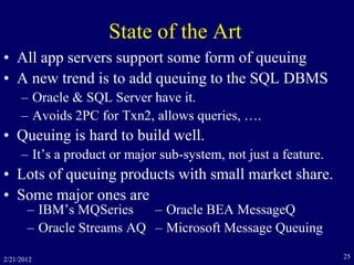 2/21/2012 25
State of the Art
• All app servers support some form of queuing
• A new trend is to add queuing to the SQL DBMS
– Oracle & SQL Server have it.
– Avoids 2PC for Txn2, allows queries, ….
• Queuing is hard to build well.
– It’s a product or major sub-system, not just a feature.
• Lots of queuing products with small market share.
• Some major ones are
– IBM’s MQSeries
– Oracle Streams AQ
– Oracle BEA MessageQ
– Microsoft Message Queuing
 