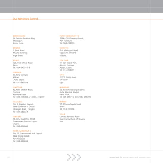 20 Access Bank Plc annual report and accounts 2004
MAIDUGURI
Sir Kashmir Ibrahim Way,
Maiduguri.
Borno State.
MINNA
1, Bank Road
NICON Building
Niger State.
KANO
12B, Post Office Road
Kano.
Tel: 064-640747-9
ONIKAN
30, King George,
V/Road,
Onika, Lagos.
Tel: 01-2641504
ONITSHA
62, New Market Road,
Onitsha,
Anambra State.
Tel: 046-215368, 212153, 212149
OSOGBO
Plot 2, Aiyedun Layout,
(Near Governor’s Office)
Gbongan Road, Osogbo
Tel: 035-243727
OWERRI
14, Orlu Road/Plot RP/44
Government Station Layout
Owerri.
Tel: 084-489648
PORT-HARCOUT I
Plot 10, Trans Amadi Ind. Layout
(Near Erijoy Hotel)
Port-Harcourt
Tel: 084-489648
PORT-HARCOURT II
329A, Olu Obasanjo Road,
Port-Harcourt.
Tel: 084-238379
SOKOTO
Plot Maiduguri Road
Opposite Afribank
Sokoto.
TIN CAN
Tin Can Island Port,
Admin. Premises
Apapa, Lagos.
Tel: 01-4708251
UYO
21/23, Gibbs Road
Off Oron
Uyo.
WAMBAI
22, Ibrahim Babangida Way
Kofar Wambai Market,
Kano State.
Tel 064-646716, 646729, 646709
WARRI
57, Effurun/Sapele Road,
Warri.
Tel: 053-321076
YOLA
Lamido Admawa Road
Near Central Bank of Nigeria
Yola.
Our Network Cont’d
 