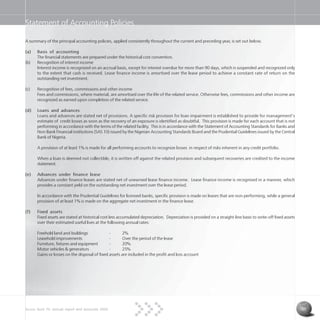 Access Bank Plc annual report and accounts 2004 35
Statement of Accounting Policies
A summary of the principal accounting policies, applied consistently throughout the current and preceding year, is set out below.
(a) Basis of accounting
The financial statements are prepared under the historical cost convention.
(b) Recognition of interest income
Interest income is recognized on an accrual basis, except for interest overdue for more than 90 days, which is suspended and recognized only
to the extent that cash is received. Lease finance income is amortised over the lease period to achieve a constant rate of return on the
outstanding net investment.
(c) Recognition of fees, commissions and other income
Fees and commissions, where material, are amortised over the life of the related service. Otherwise fees, commissions and other income are
recognized as earned upon completion of the related service.
(d) Loans and advances
Loans and advances are stated net of provisions. A specific risk provision for loan impairment is established to provide for management’s
estimate of credit losses as soon as the recovery of an exposure is identified as doubtful. This provision is made for each account that is not
performing in accordance with the terms of the related facility. This is in accordance with the Statement of Accounting Standards for Banks and
Non-Bank Financial institutions (SAS 10) issued by the Nigerian Accounting Standards Board and the Prudential Guidelines issued by the Central
Bank of Nigeria.
A provision of at least 1% is made for all performing accounts to recognize losses in respect of risks inherent in any credit portfolio.
When a loan is deemed not collectible, it is written off against the related provision and subsequent recoveries are credited to the income
statement.
(e) Advances under finance lease
Advances under finance leases are stated net of unearned lease finance income. Lease finance income is recognised in a manner, which
provides a constant yield on the outstanding net investment over the lease period.
In accordance with the Prudential Guidelines for licensed banks, specific provision is made on leases that are non-performing, while a general
provision of at least 1% is made on the aggregate net investment in the finance lease.
(f) Fixed assets
Fixed assets are stated at historical cost less accumulated depreciation. Depreciation is provided on a straight-line basis to write-off fixed assets
over their estimated useful lives at the following annual rates:
Freehold land and buildings - 2%
Leasehold improvements - Over the period of the lease
Furniture, fixtures and equipment - 20%
Motor vehicles & generators - 25%
Gains or losses on the disposal of fixed assets are included in the profit and loss account
 