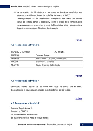 Módulo Cuatro. Bloque 12. Tema 5. Literatura del Siglo XX (1ª parte)
Educación Secundaria Para Adultos – Ámbito de la Comunicación. Lengua 134
d) La generación del 98 designa a un grupo de hombres españoles que
empezaron a publicar a finales del siglo XIX y comienzos de XX.
Contemporáneos de los modernistas, compartían con éstos una misma
actitud de protesta contra la sociedad y contra el estado de la literatura, pero
sus preocupaciones eran otras: el tema de España (su crisis y decadencia) y
determinadas cuestiones filosóficas, básicamente.
volver
4.6 Respuestas actividad 6
GÉNERO LITERARIO AUTORES
ENSAYO Ortega y Gasset
NOVELA Ramón Pérez de Ayala, Gabriel Miró
POESÍA Juan Ramón Jiménez
TEATRO Carlos Arniches, Valle- Inclán
volver
4.7 Respuestas actividad 7
Definición: Poema escrito de tal modo que hace un dibujo con el texto.
Generalmente el dibujo está en relación con el contenido de los versos.
volver
4.8 Respuestas actividad 8
Federico García Lorca: 2
Dámaso ALONSO: 9
La caracterización de Bernarda:
Es autoritaria: Aquí se hace lo que yo mando.
 